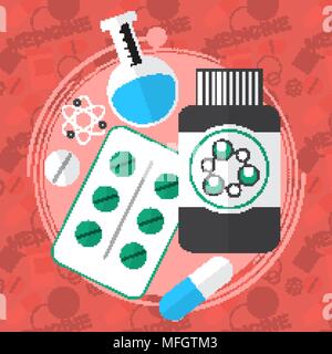 Medicine flat icons set. Pills box, tablets, pill, blister vitamins liquid medicine. Vector illustration Stock Vector