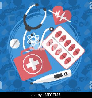 Medicine flat icons set. Pills box, tablets, pill, blister vitamins liquid medicine. Vector illustration Stock Vector