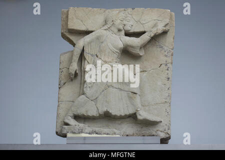 Dancing women depicted in the Archaic sandstone metope from the Heraion (Second Temple of Hera) at Foce del Sele dated from the middle of the 6th century BC (510 BC) on display in the Paestum Archaeological Museum (Museo archeologico di Paestum) in Paestum, Campania, Italy. Stock Photo