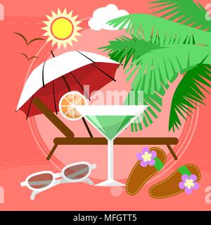 Sunny Beach by the sea with palm trees, playing ball. Walking on the sand in flip-flops and sunglasses. Vector illustration Stock Vector