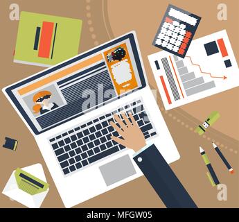 Top view of workplace with documents and laptop. Concepts for business analysis, consulting, teamwork, project management, financial report and strate Stock Vector