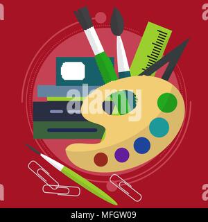 Chaotic spread the paint with brushes, books and paper clips as well as a line. Back to school. Drawing lesson. Vector illustration Stock Vector