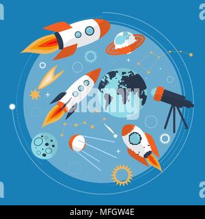 Collection of spaceship, planets and stars. Cartoon space icons. Hand drawn. Vector illustration Stock Vector
