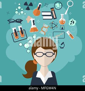 Woman with a cloud of thoughts about the test tube, formulas, materials and other objects on a green background. Vector illustration Stock Vector