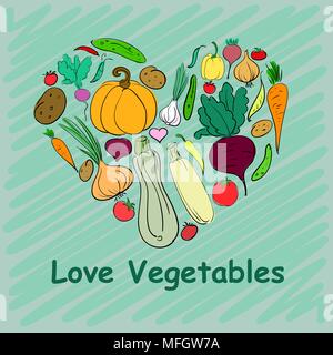 Set of vegetables hand-drawn in the form of heart for your advertising. Vector illustration Stock Vector