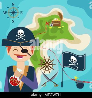 map with a pirate and a map of treasure island. Child Game. Help the pirate find treasures. Vector illustration Stock Vector