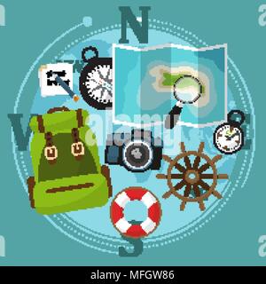 Set of travel accessories with backpack, compass, map and other items. Vector illustration Stock Vector