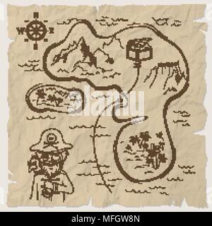 Pirate treasure map of the island on old paper. Vector illustration Stock Vector