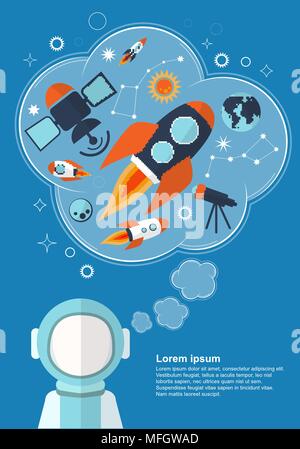 Astronaut who is thinking about rockets, stars and other objects with space for your text. Vector illustration Stock Vector