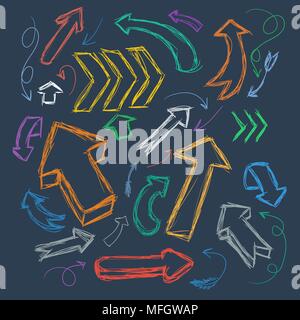 Collection of scribble arrows hand-drawn on a dark background. Vector illustration Stock Vector