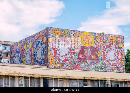 TBILISI, GEORGIA - JUNE 11: Building facade made of mosaic of small colorful tiles in Saburtalo district. June 2017 Stock Photo