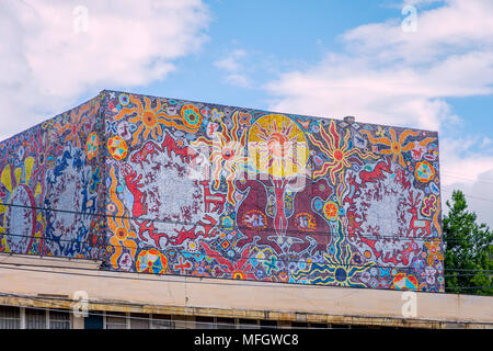TBILISI, GEORGIA - JUNE 11: Building facade made of mosaic of small colorful tiles in Saburtalo district. June 2017 Stock Photo