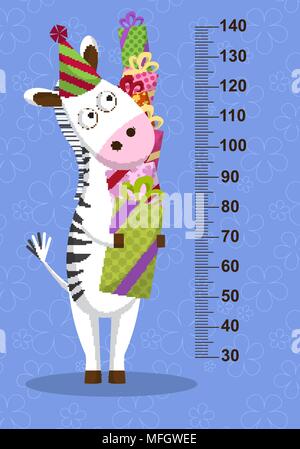 Cartoon zebra with gifts on blue background. Stadiometer. Vector illustration Stock Vector