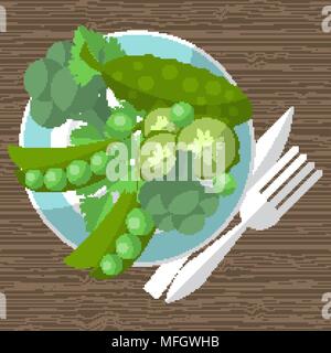 Set of green vegetables on a plate with a fork and knife. Vector illustration Stock Vector