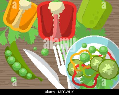 Still life with peppers, fork, knife and sliced vegetables on the table. Vector illustration Stock Vector