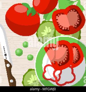 Still life with tomatoes, knife, plate and sliced vegetables on the table. Vector illustration Stock Vector