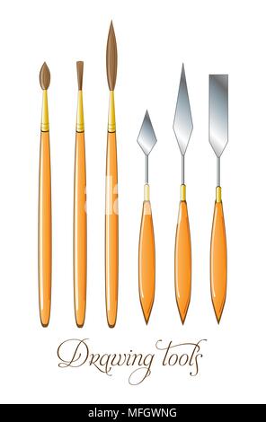 Set of drawing tools. Brushes and palette knife. Vector illustration Stock Vector