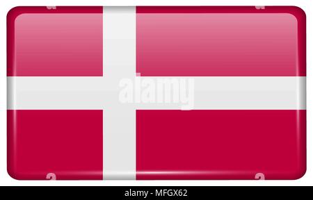 Flags of Denmark in the form of a magnet on refrigerator with reflections light. Vector illustration Stock Vector