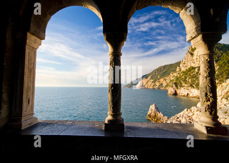 View of Cinque Terre cliffs from St. Peters church, Portovenere, UNESCO World Heritage Site, Liguria, Italy, Europe Stock Photo
