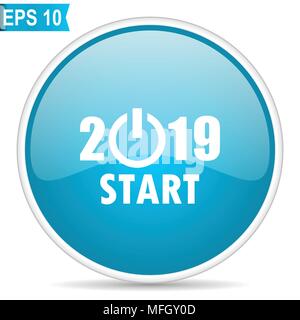 New year 2019 blue glossy round vector icon in eps 10. Editable modern design internet button on white background. Stock Vector