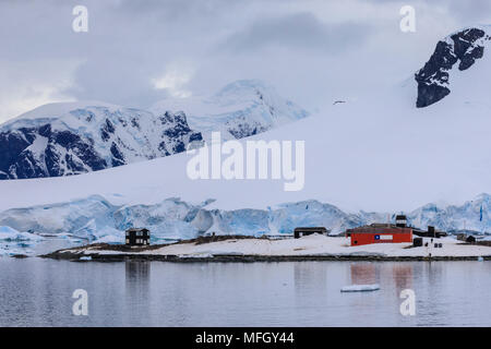 Chilean Gonzalez Videla Station from Paradise Bay, mountains and glaciers, Waterboat Point, Antarctic Peninsula, Antarctica, Polar Regions Stock Photo