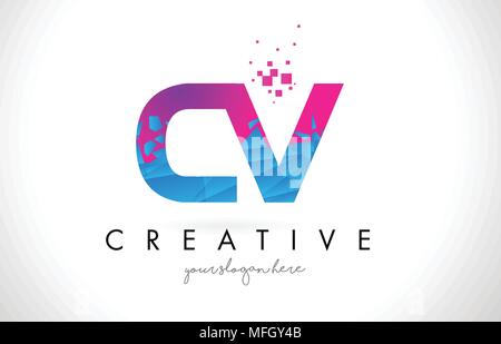 Purple Pink CV C V Letter Logo Design with Ink Watercolor Splash Spill ...