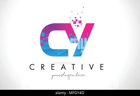 CY C Y Letter Logo with Broken Shattered Blue Pink Triangles Texture Design Vector Illustration. Stock Vector