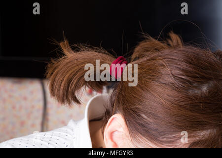 Ponytail brunette hair closeup. Macro. Photo can be used as a whole background. Stock Photo
