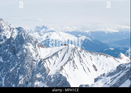 Alpine Chough or Yellow-Billed Chough, (Pyrrhocorax graculus),in flight with wings folded in over mountains, Bavaria, German and Austrian Alps Stock Photo