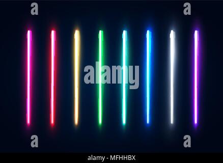 Halogen or led light lamps elements pack for night party or game design. Neon light tubes set. Colorful glowing lines or borders collection isolated on dark blue background. Color vector illustration. Stock Vector