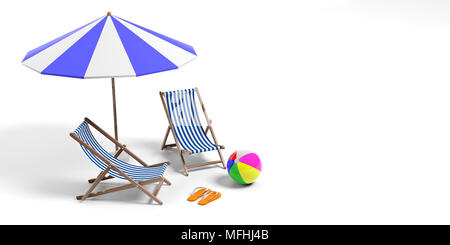 Beach holidays equipment isolated on white background, copy space.  Beach umbrella, deck chairs, ball and flip flops. 3d illustration Stock Photo