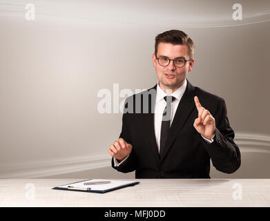 Televison presenter host in live show with blank background Stock Photo