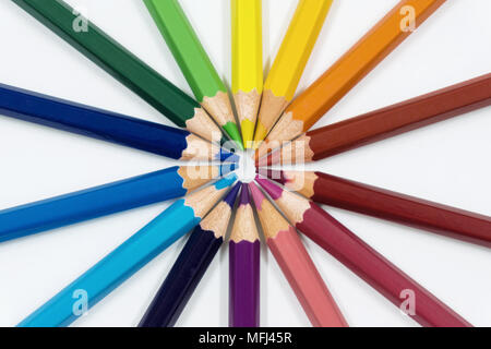 Color pencils isolated on white arranged in circle. Close up. Stock Photo