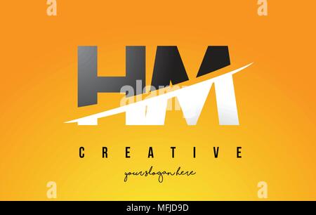 HM H M Letter Modern Logo Design with Swoosh Cutting the Middle Letters and Yellow Background. Stock Vector
