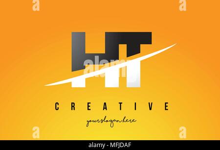 HT H T Letter Modern Logo Design with Swoosh Cutting the Middle Letters and Yellow Background. Stock Vector