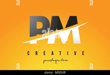 PM P L Letter Modern Logo Design with Swoosh Cutting the Middle Letters and Yellow Background. Stock Vector