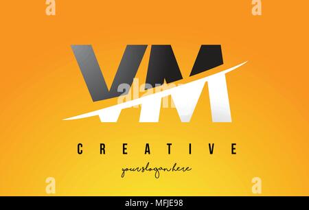 VM V M Letter Modern Logo Design with Swoosh Cutting the Middle Letters and Yellow Background. Stock Vector
