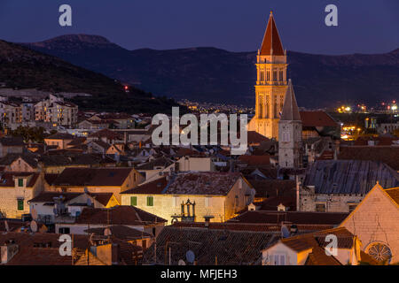 Elevated view from Kamerlengo Fortress over the old town of Trogir at dusk, UNESCO World Heritage Site, Croatia, Europe Stock Photo
