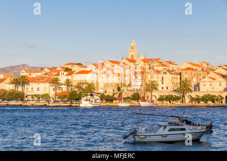 View to the old town of Korcula at sunset, Korcula, Croatia, Europe Stock Photo