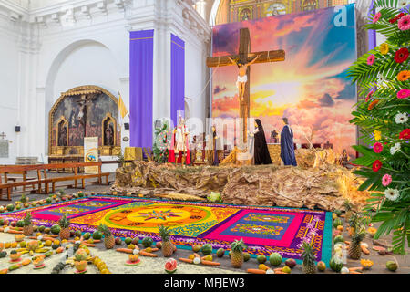 Vigil on the fifth weekend of Lent 2017 inside the church of the Escuela de Cristo in Antigua, Guatemala, Central America Stock Photo