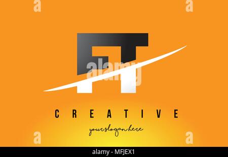FT F T Letter Modern Logo Design with Swoosh Cutting the Middle Letters and Yellow Background. Stock Vector