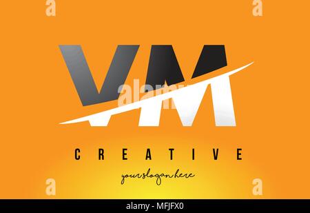 VM V M Letter Modern Logo Design with Swoosh Cutting the Middle Letters and Yellow Background. Stock Vector