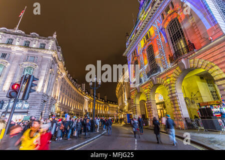 Illuminated building on Piccadilly Circus and Regent Street during London Lumiere, London, England, United Kingdom, Europe Stock Photo