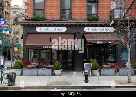 Think Coffee, 1 Bleecker St, New York, NY. exterior storefront of a coffee shop, and sidewalk cafe in the East Village neighborhood of Manhattan. Stock Photo