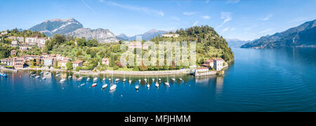 Panoramic aerial view of sailboats in Lake Como around the village of Pescallo, Bellagio, Province of Como, Lombardy, Italian Lakes, Italy (Drone) Stock Photo