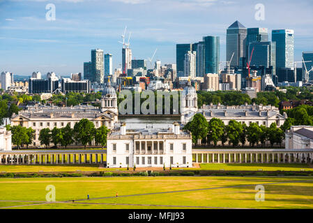 Old Royal Naval College, UNESCO, Greenwich, seen from Greenwich Observatory, with Docklands beyong, London, England, United Kingdom, Europe Stock Photo