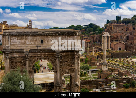 Panoramic view of surviving structures and the Arch of Septimius Severus in the Roman Forum, UNESCO World Heritage Site, Rome, Lazio, Italy, Europe Stock Photo