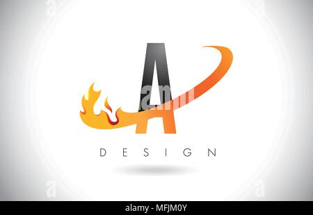 A Letter Logo Design with Fire Flames and Orange Swoosh Vector Illustration. Stock Vector