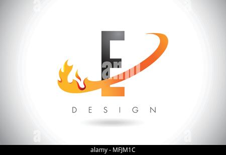 E Letter Logo Design with Fire Flames and Orange Swoosh Vector Illustration. Stock Vector