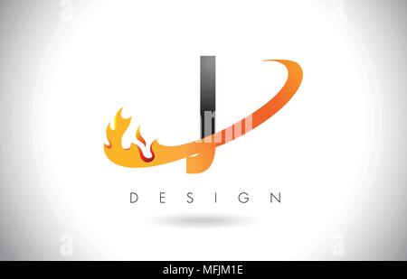 J Letter Logo Design with Fire Flames and Orange Swoosh Vector Illustration. Stock Vector